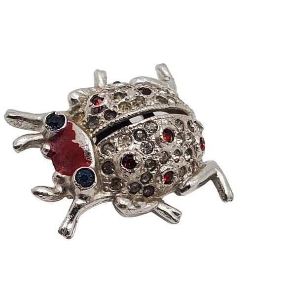 Vintage Coro Ladybug Perfume Sachet Brooch Rhinestone Tiny Bug Pin Silver Tone - Picture 2 of 11